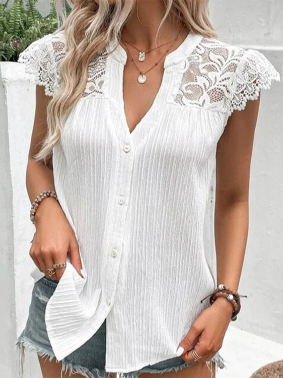PREORDER- Lace Detail Notched Cap Sleeve Blouse