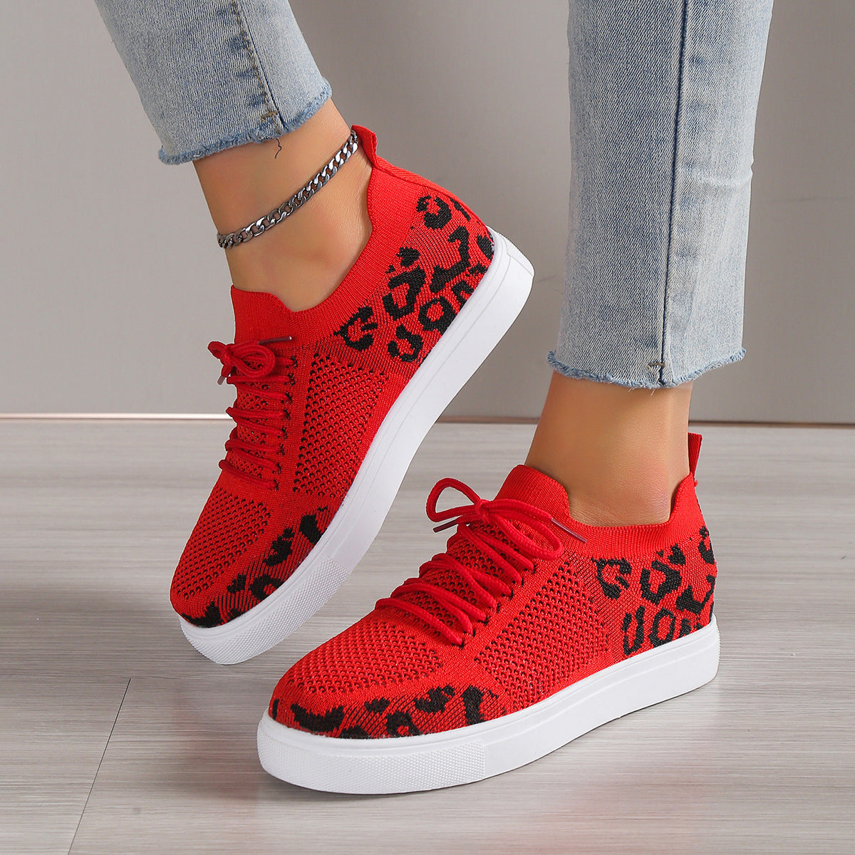 PREORDER- Lace-Up Leopard Flat Sneakers