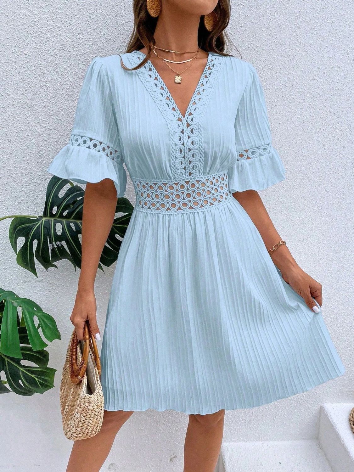 PREORDER- Cutout V-Neck Flounce Sleeve Mini Dress