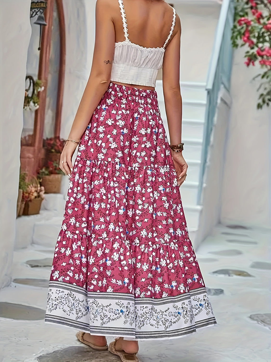 PREORDER- Full Size Tiered Printed Elastic Waist Skirt