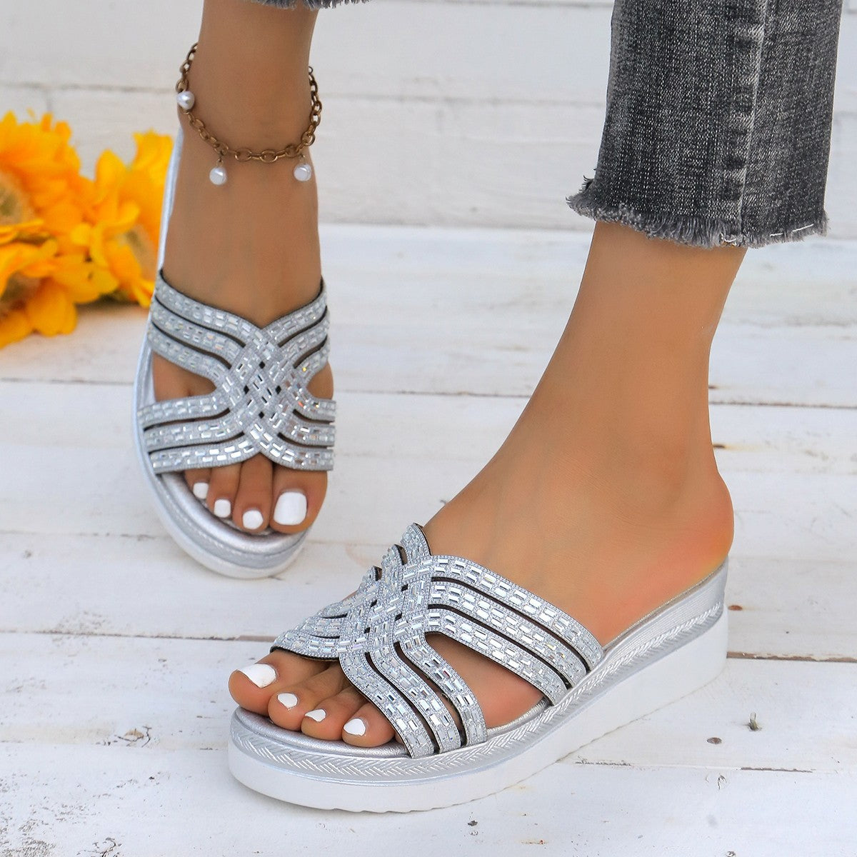 PREORDER- Rhinestone Open Toe Wedge Sandals