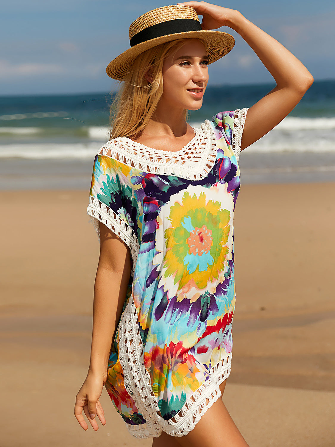 PREORDER- Openwork Printed Round Neck Cover Up