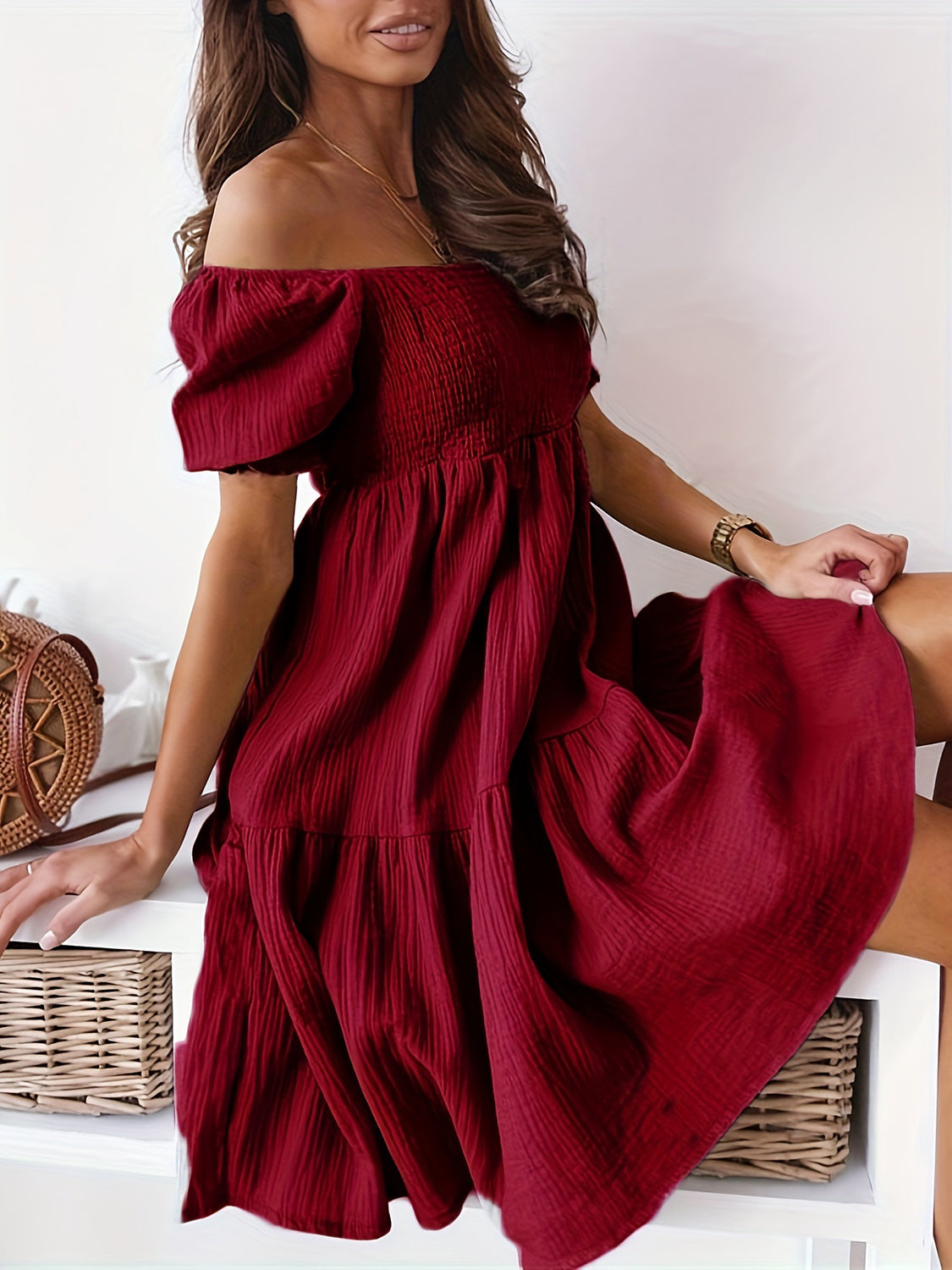 PREORDER- Full Size Ruffled Off-Shoulder Short Sleeve Dress