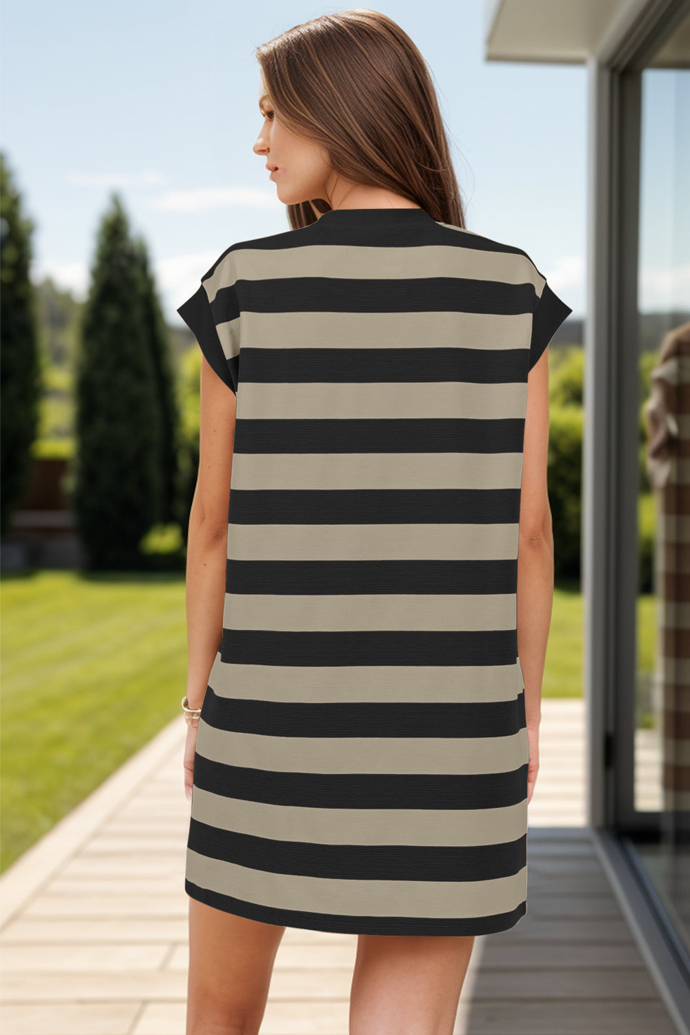 PREORDER- Striped Round Neck Cap Sleeve Mini Dress