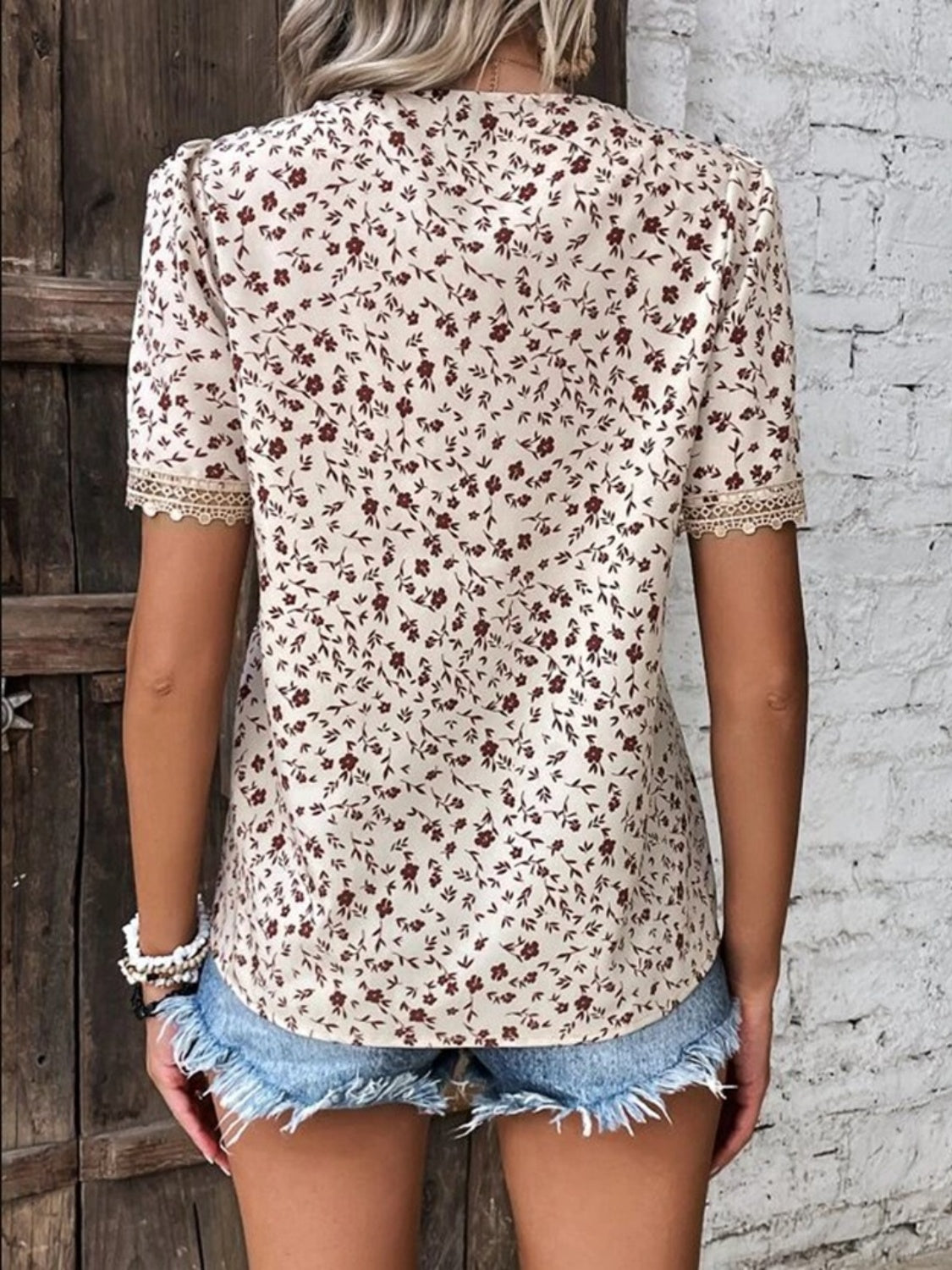 PREORDER- Full Size Printed V-Neck Short Sleeve Blouse