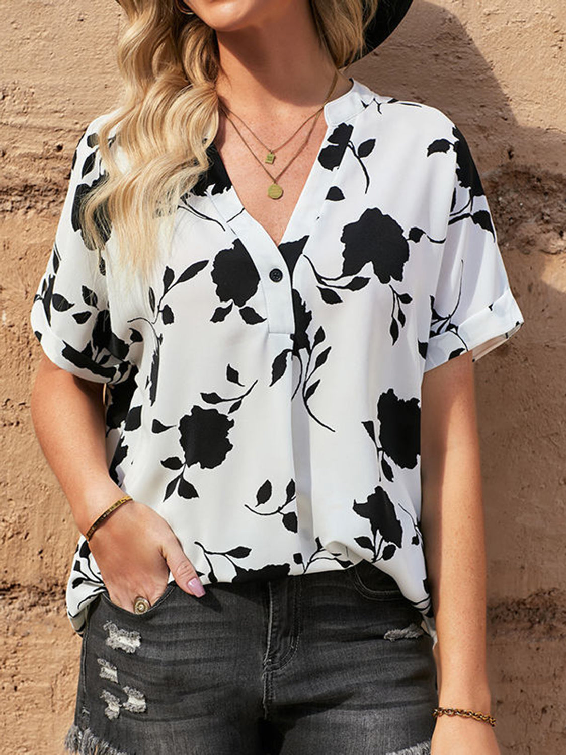 PREORDER- Full Size Printed Notched Short Sleeve Blouse