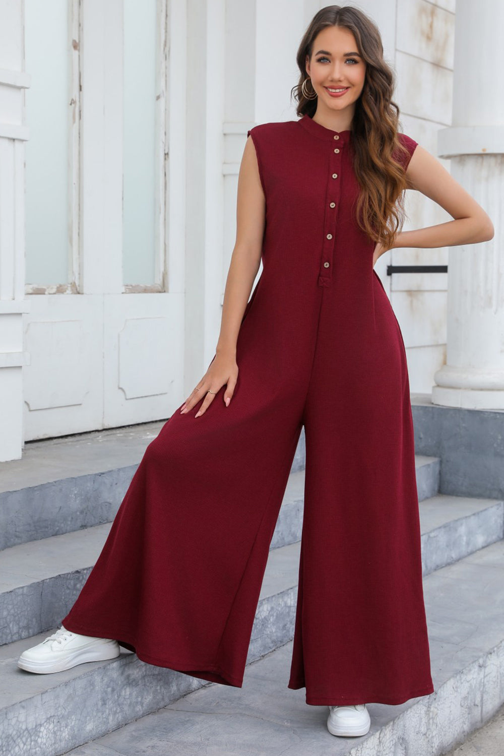 PREORDER- Half Button Wide Leg Jumpsuit with Pockets