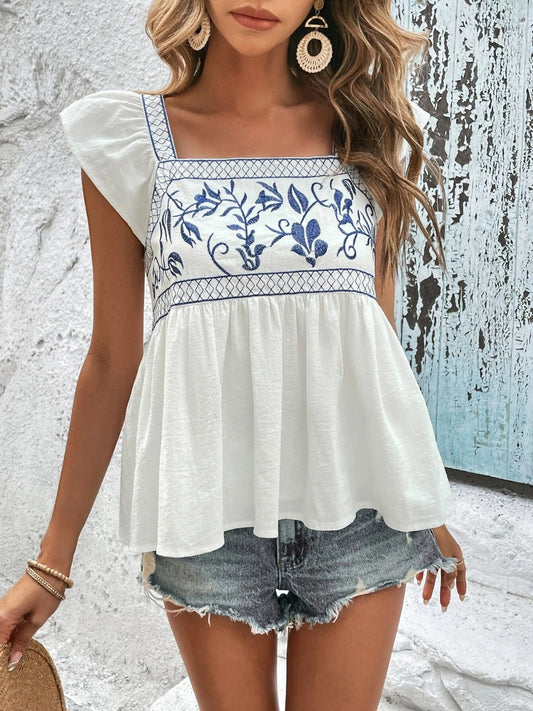PREORDER- Embroidered Square Neck Cap Sleeve Blouse