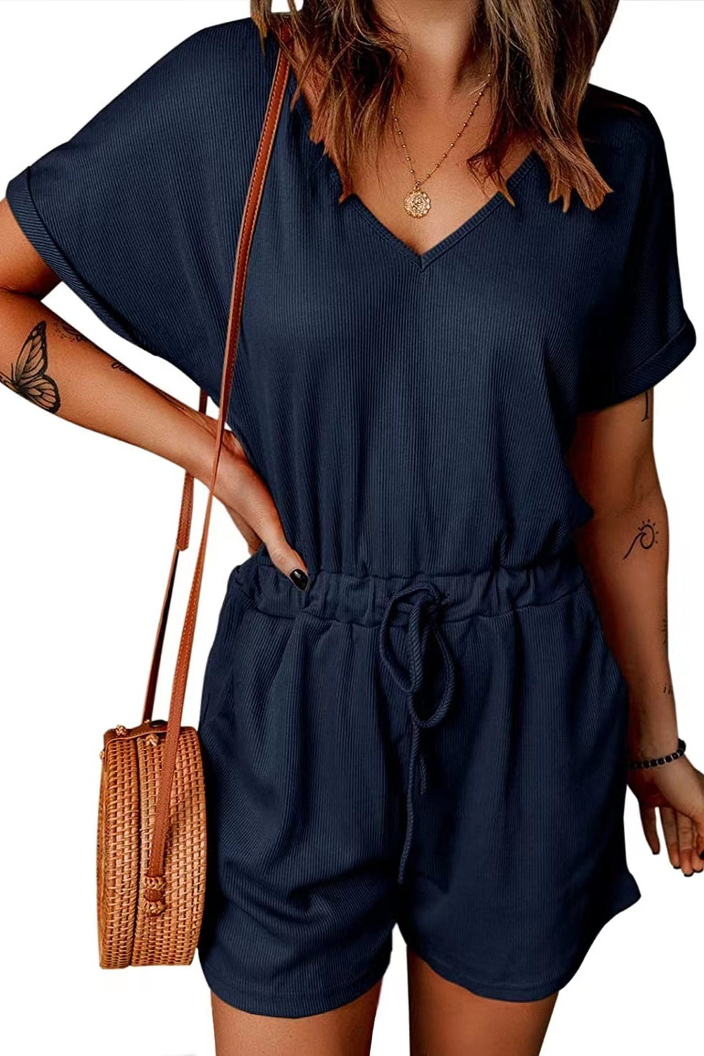 PREORDER- Full Size Drawstring V-Neck Short Sleeve Romper