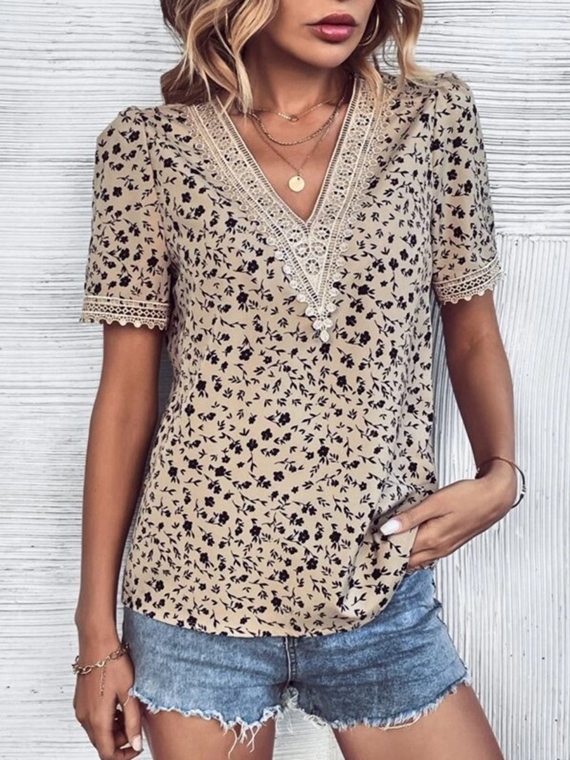 PREORDER- Full Size Printed V-Neck Short Sleeve Blouse