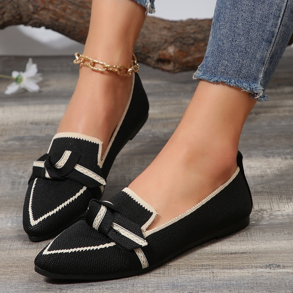 PREORDER- Bow Contrast Trim Point Toe Loafers