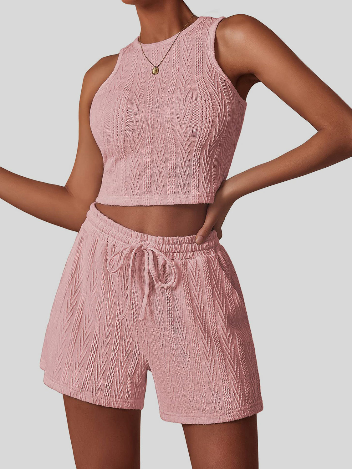 PREORDER- Textured Round Neck Top and Shorts Set