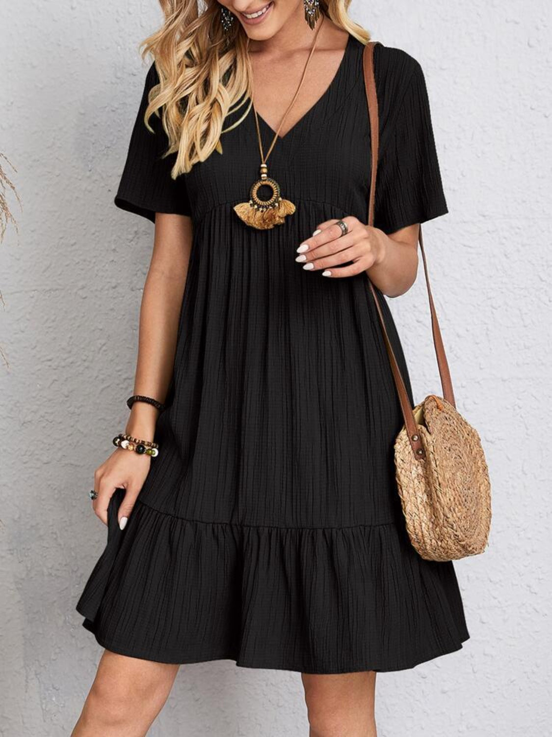 PREORDER- Full Size V-Neck Short Sleeve Dress