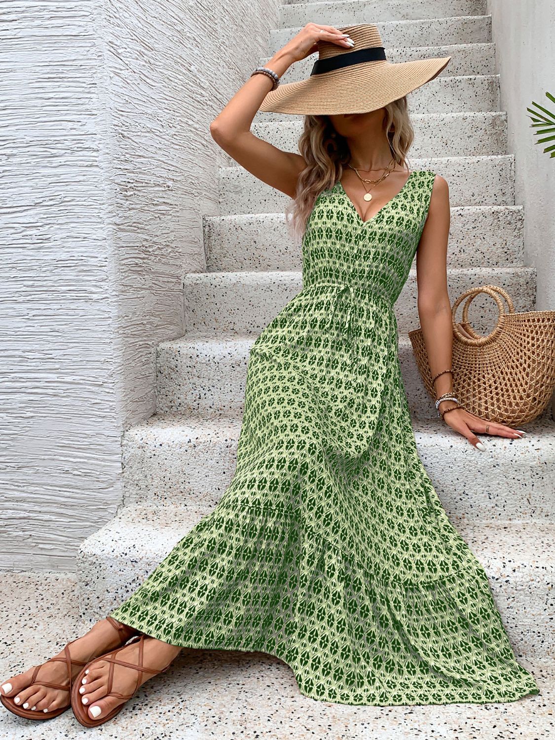 PREORDER- Printed V-Neck Tie Waist Midi Dress