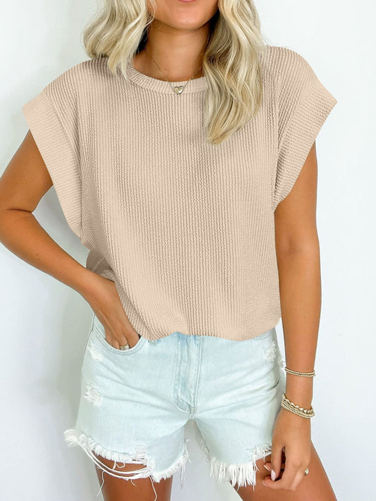 PREORDER- Textured Round Neck Cap Sleeve Blouse