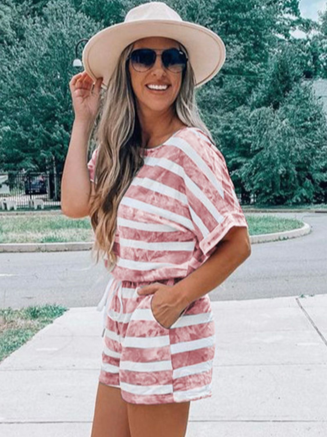 PREORDER- Striped Round Neck Top and Shorts Set