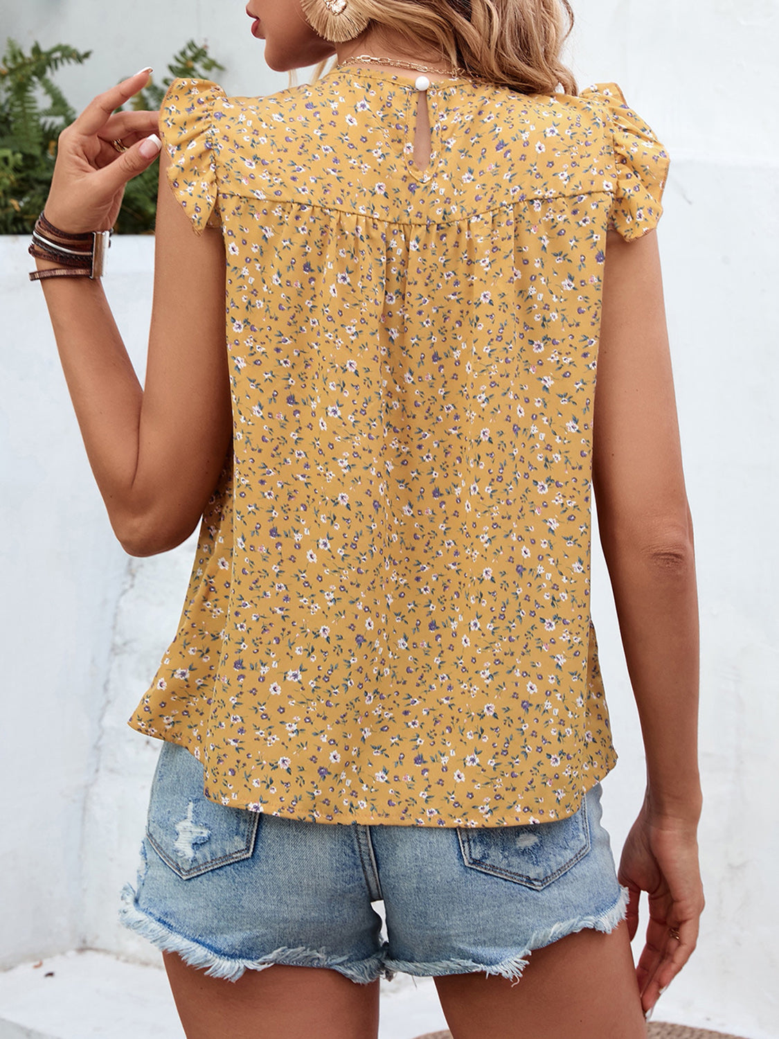 PREORDER- Ruffled Printed Round Neck Cap Sleeve Blouse