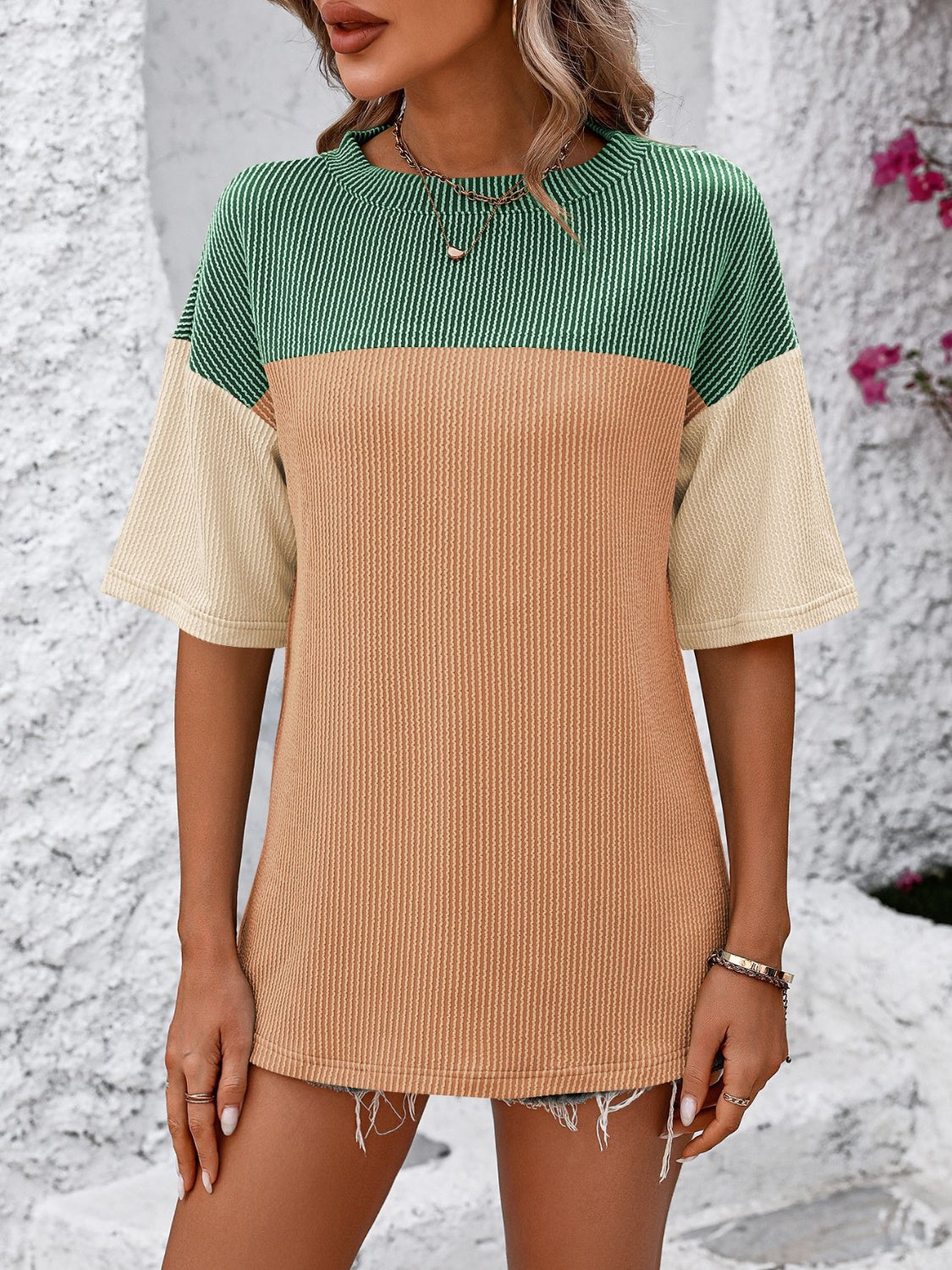PREORDER- Color Block Round Neck Half Sleeve T-Shirt