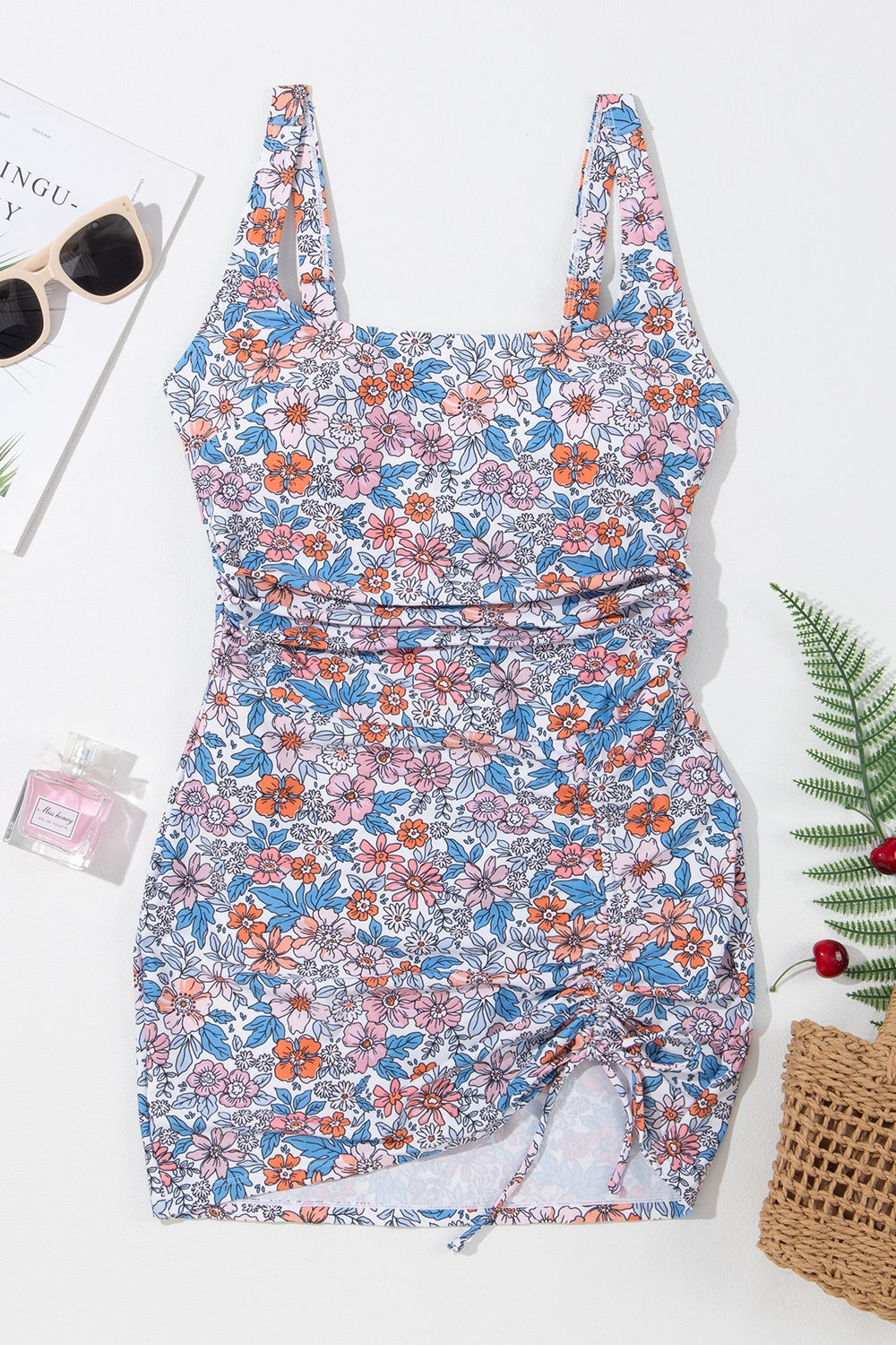 PREORDER- Drawstring Printed Wide Strap Swim Dress