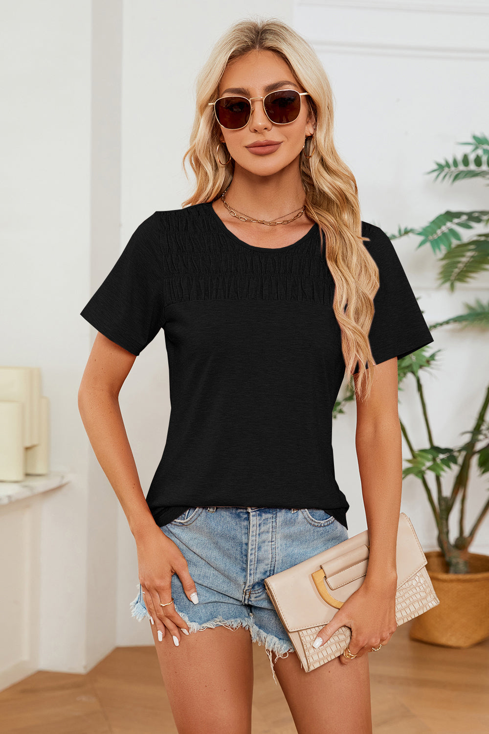 PREORDER- Ruched Round Neck Short Sleeve T-Shirt