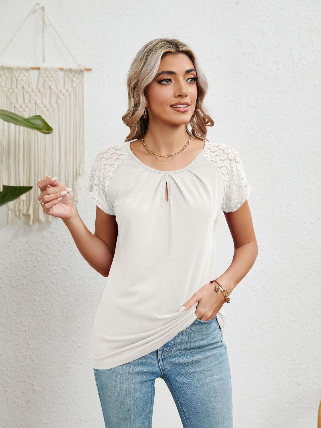 PREORDER- Lace Detail Round Neck Short Sleeve T-Shirt