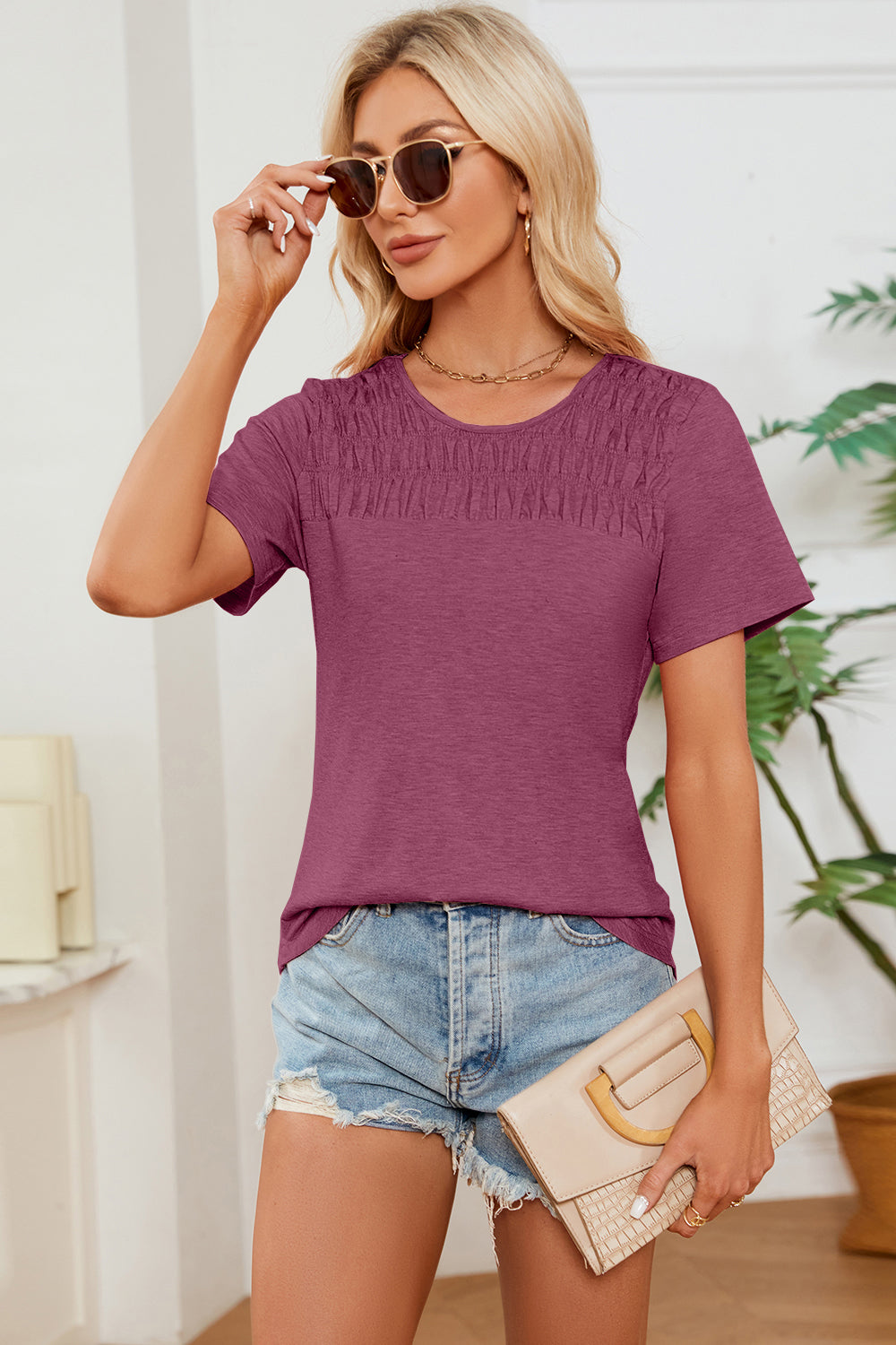 PREORDER- Ruched Round Neck Short Sleeve T-Shirt