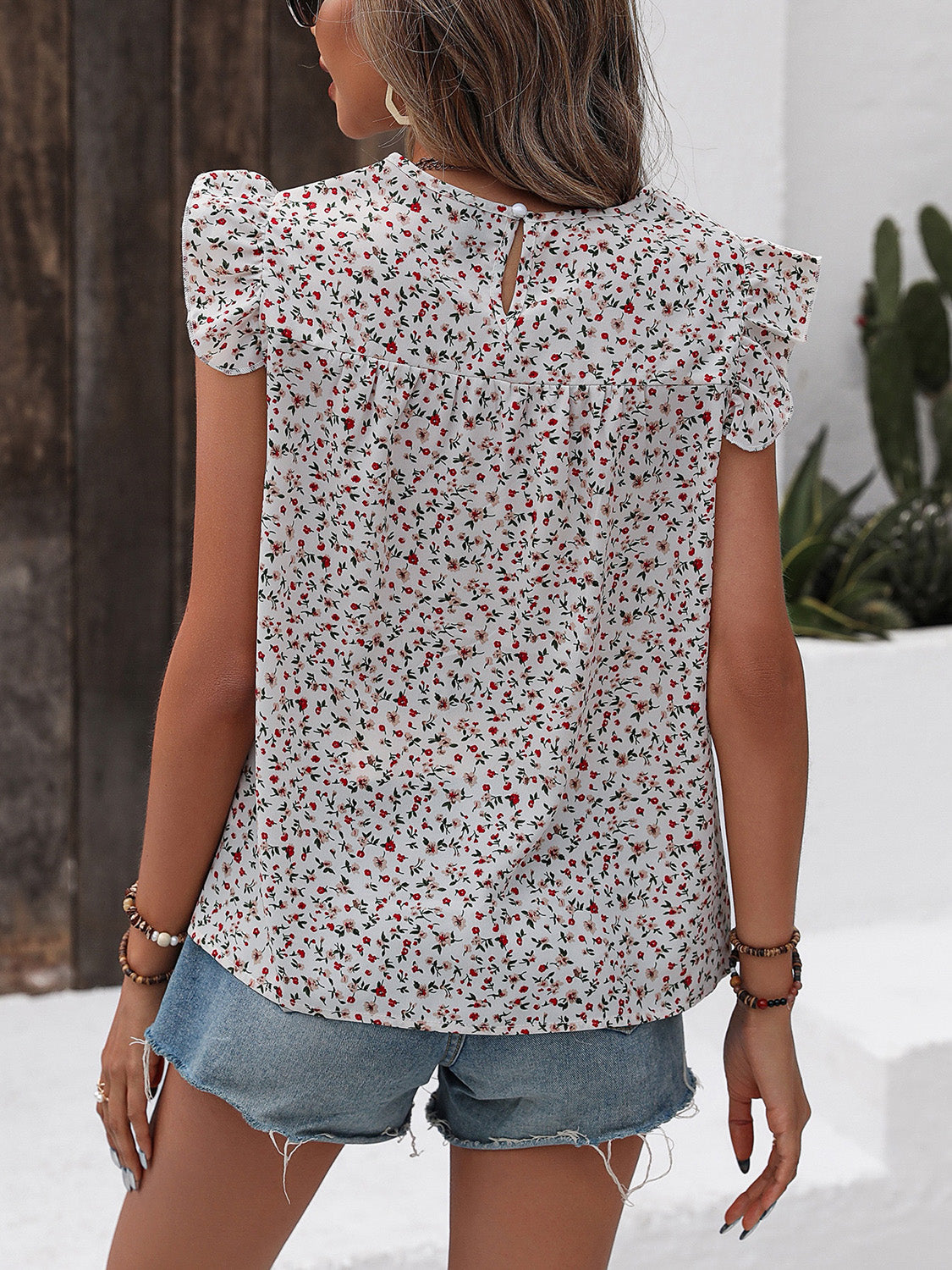 PREORDER- Ruffled Printed Round Neck Cap Sleeve Blouse