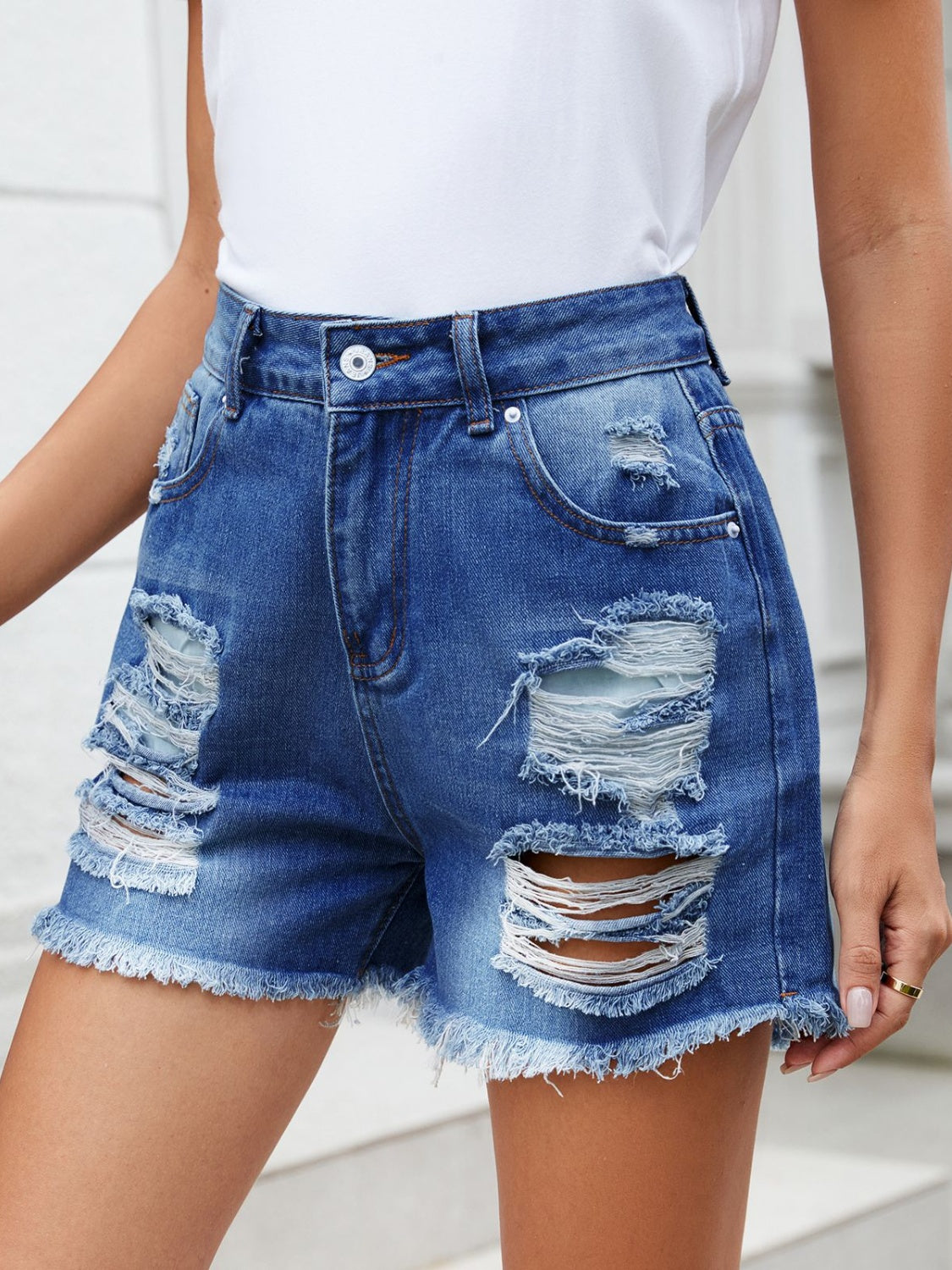 PREORDER- Distressed Raw Hem Denim Shorts