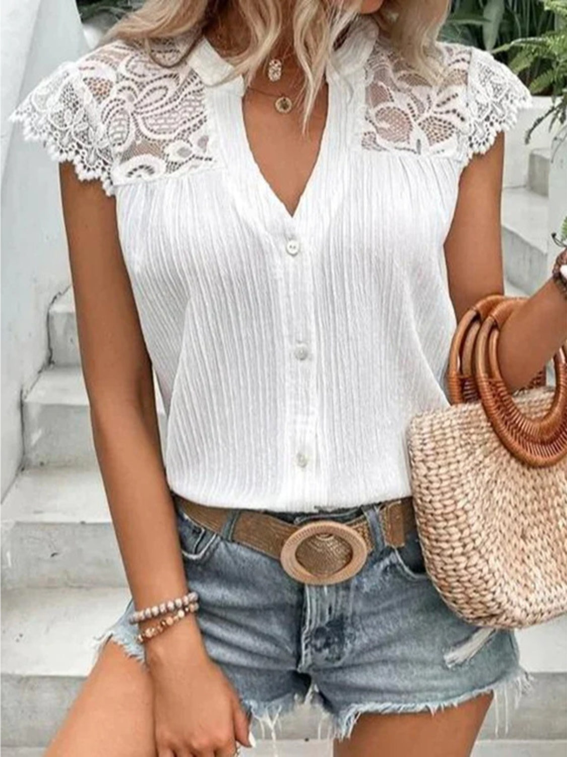 PREORDER- Lace Detail Notched Cap Sleeve Blouse