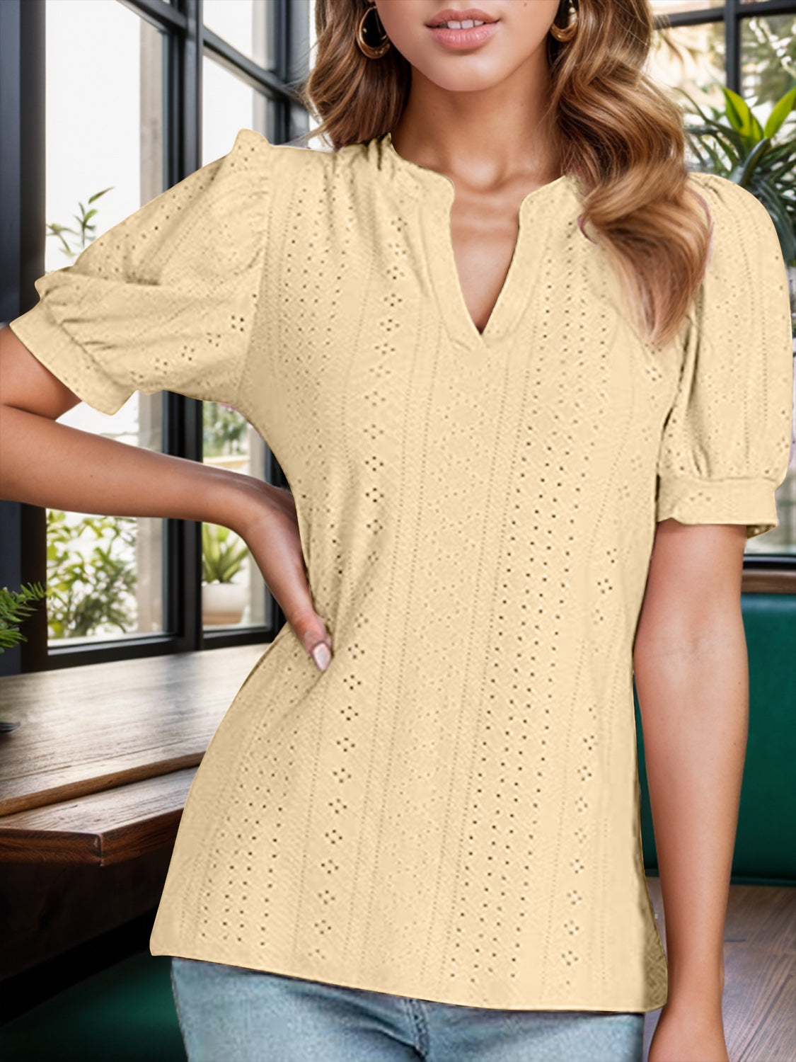 PREORDER- Eyelet Notched Short Sleeve Blouse