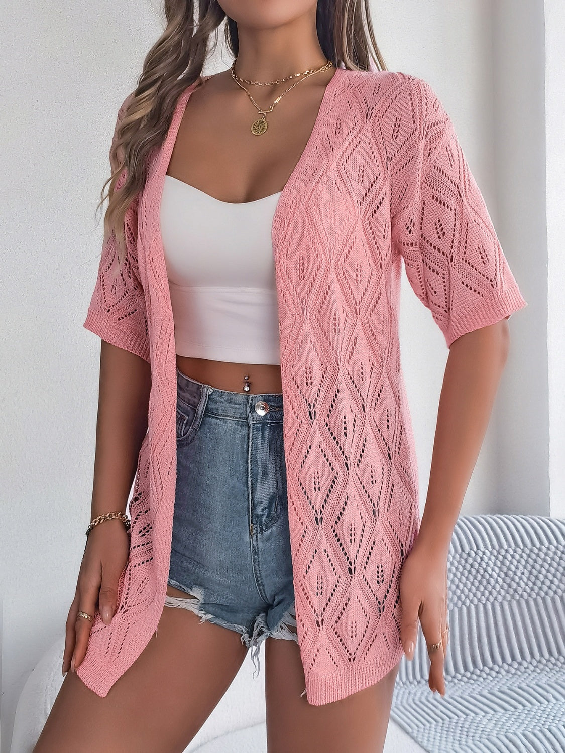 PREORDER- Openwork Open Front Half Sleeve Cardigan