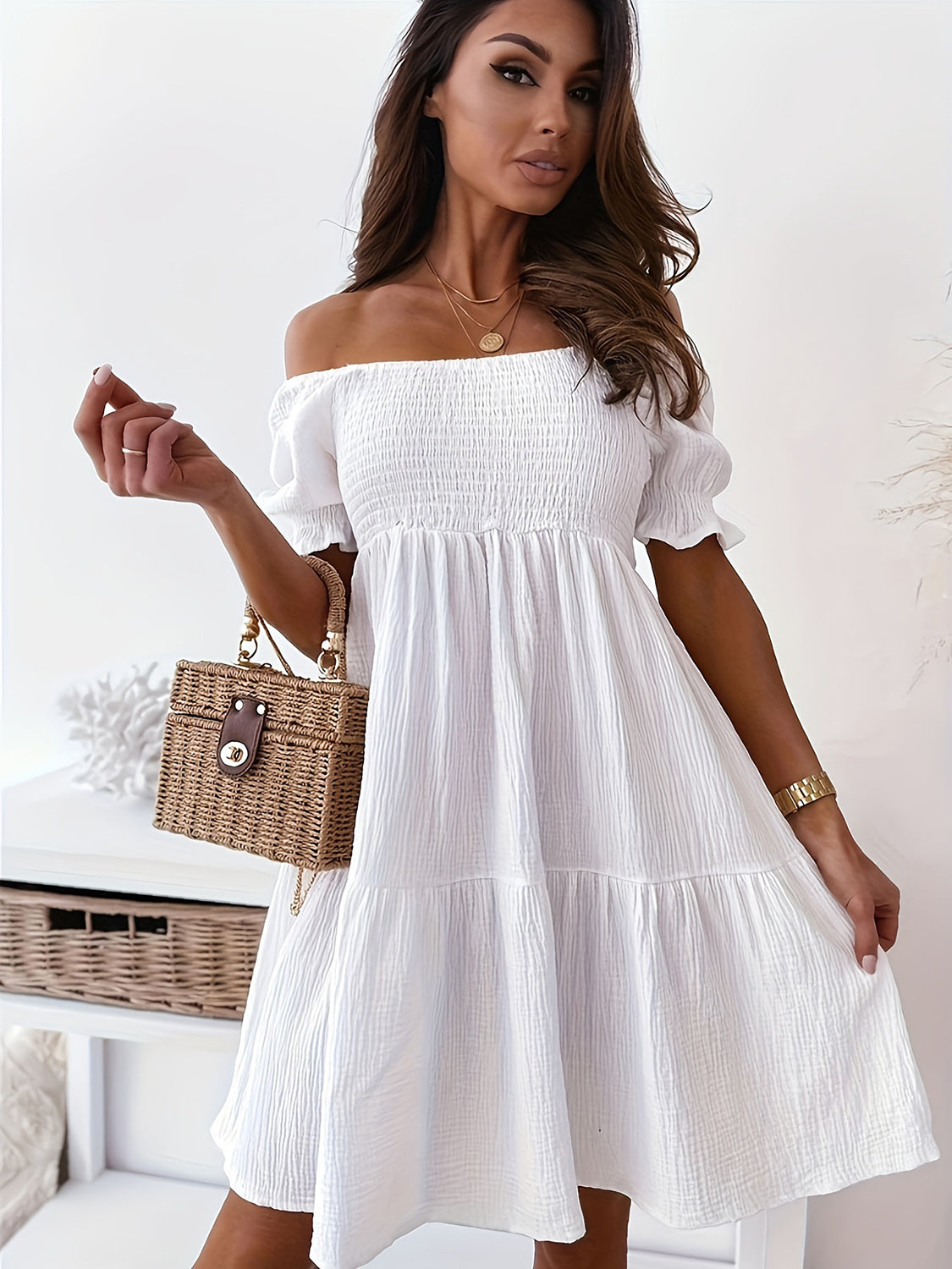 PREORDER- Full Size Ruffled Off-Shoulder Short Sleeve Dress