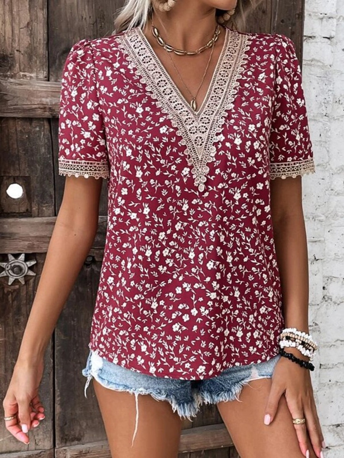 PREORDER- Full Size Printed V-Neck Short Sleeve Blouse