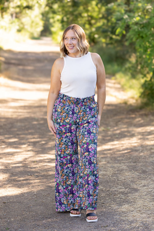 Michelle Mae Presley Palazzo Pants - Navy and Pink Floral Mix