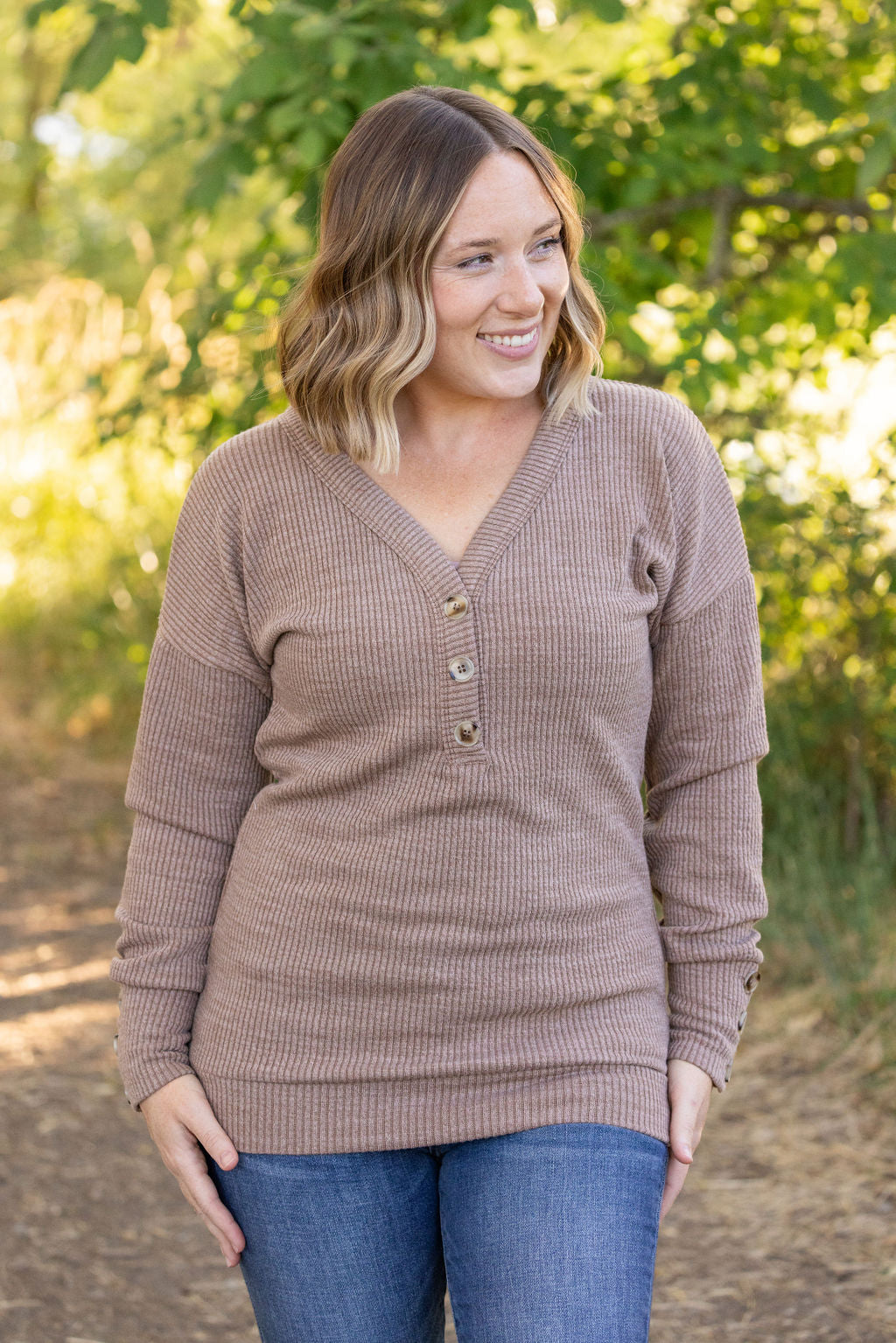 Michelle Mae Brittney Button Sweater - Mocha | Women's Long Sleeve