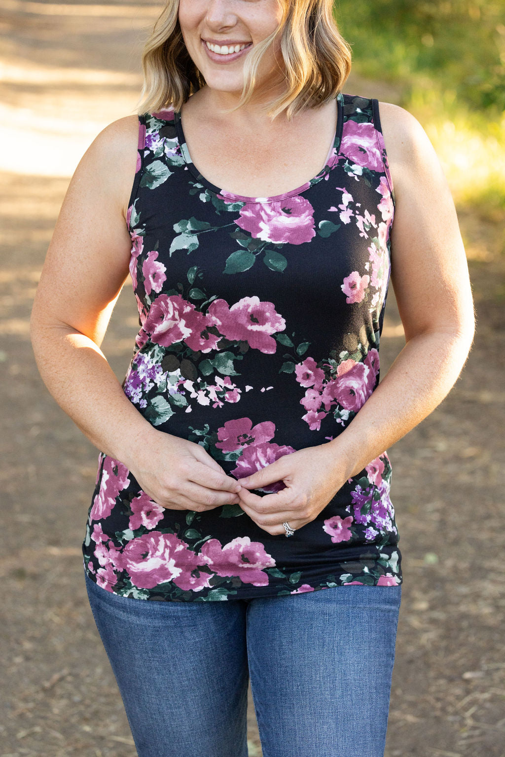 Michelle Mae Luxe Crew Tank - Black and Mauve Floral