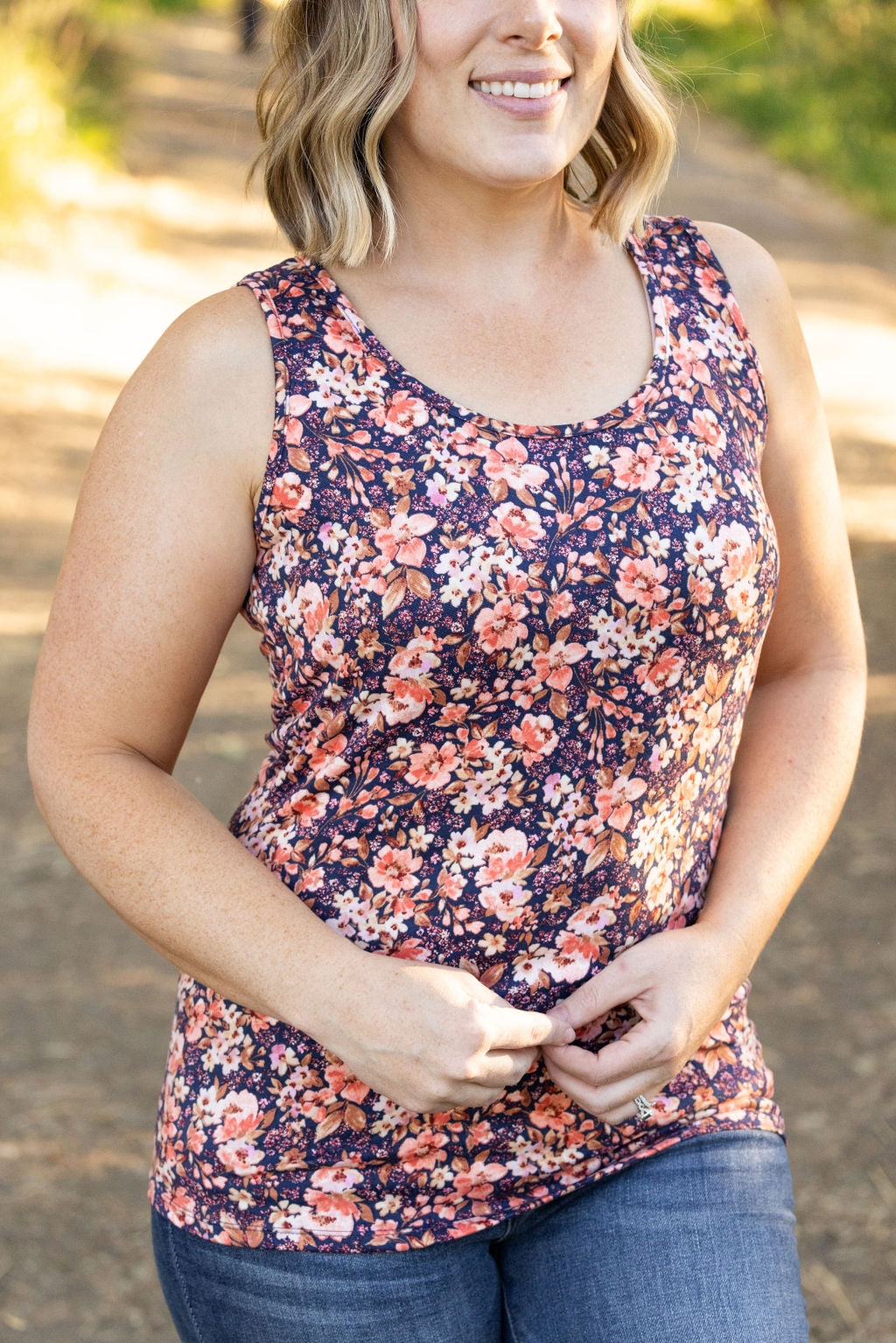 luxe crew tank navy floral mix womens tank top