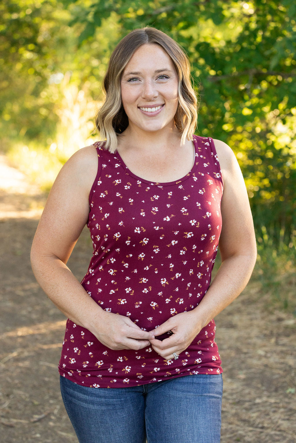 Michelle Mae Luxe Crew Tank - Micro Burgundy Floral