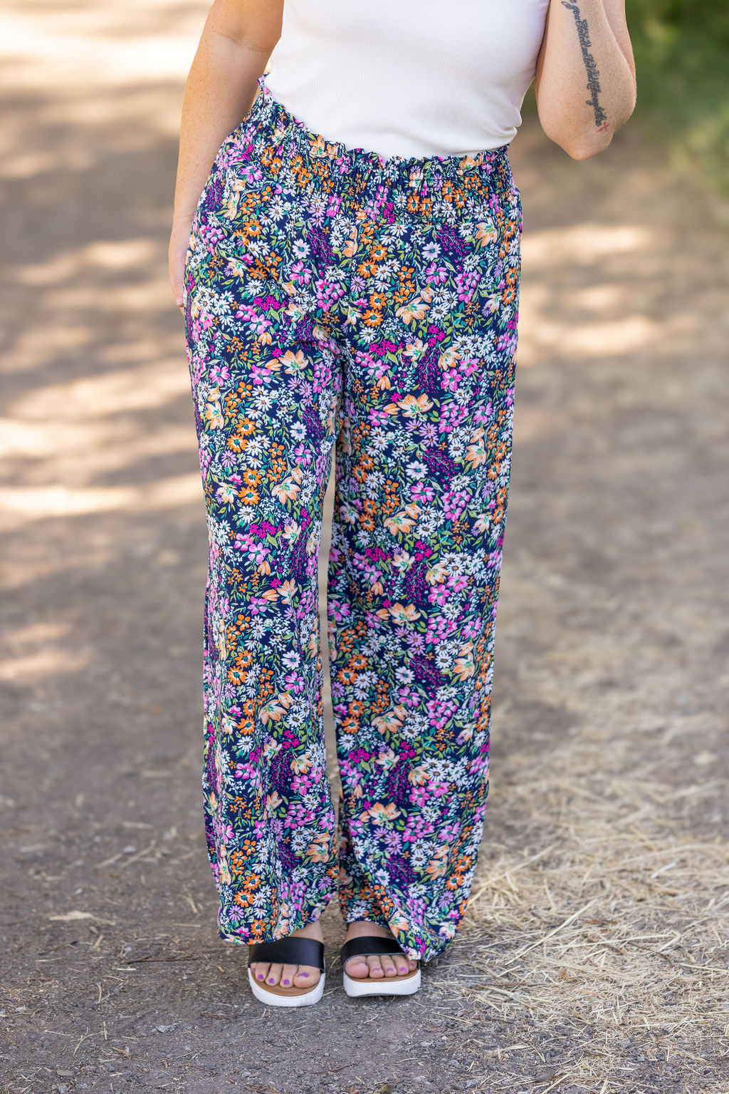 Michelle Mae Presley Palazzo Pants - Navy and Pink Floral Mix