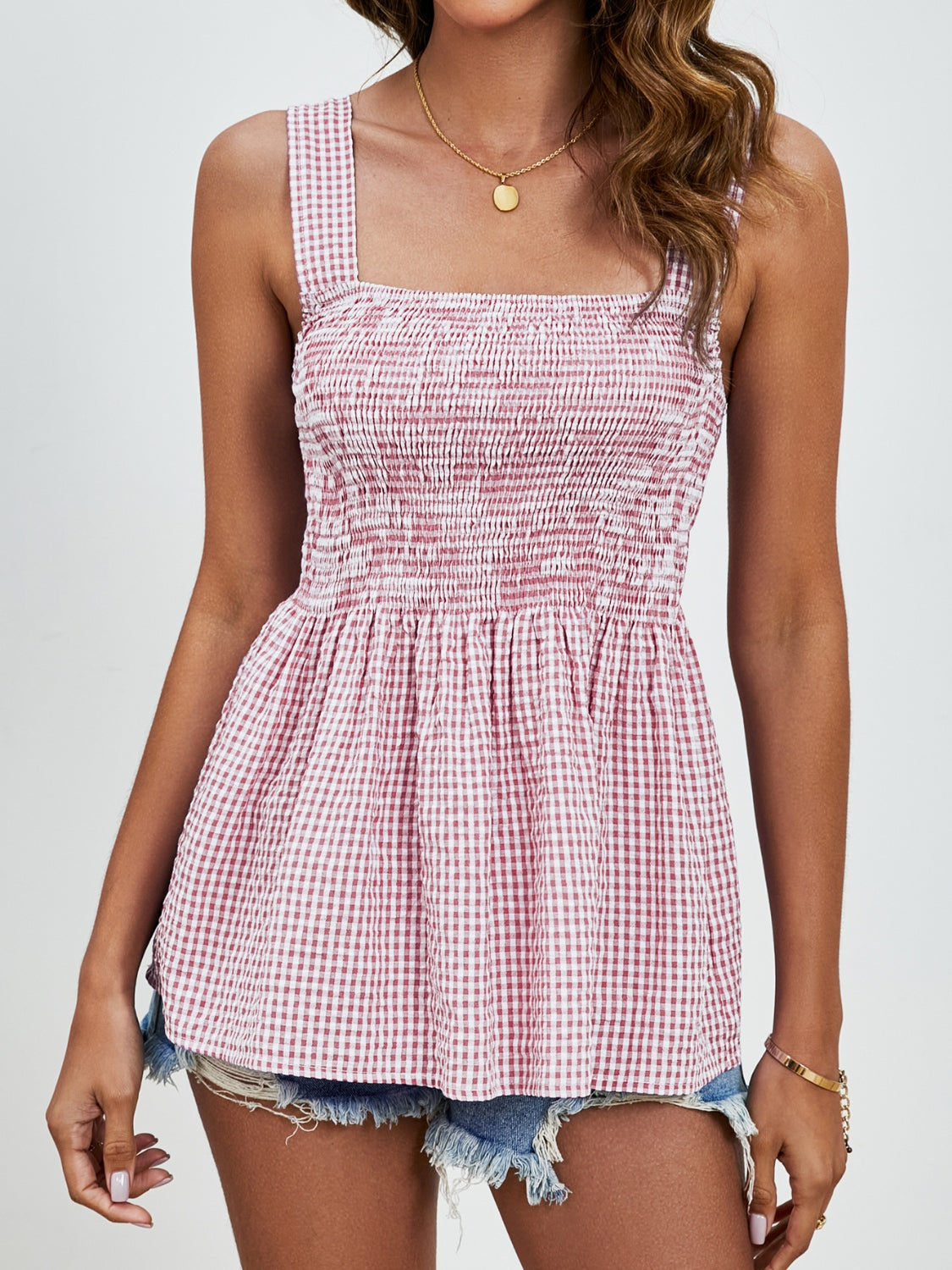 PREORDER- Smocked Plaid Square Neck Tank