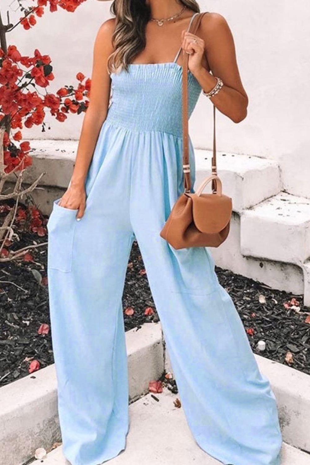 PREORDER- Smocked Spaghetti Strap Wide Leg Jumpsuit