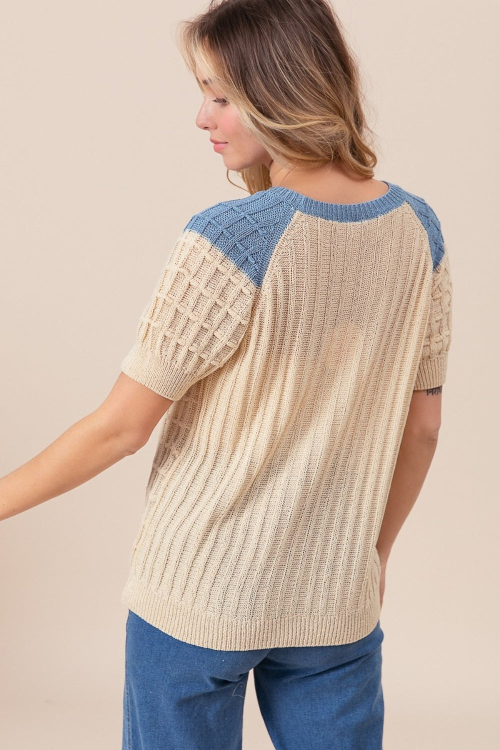 BiBi Textured Contrast Short Sleeve Sweater
