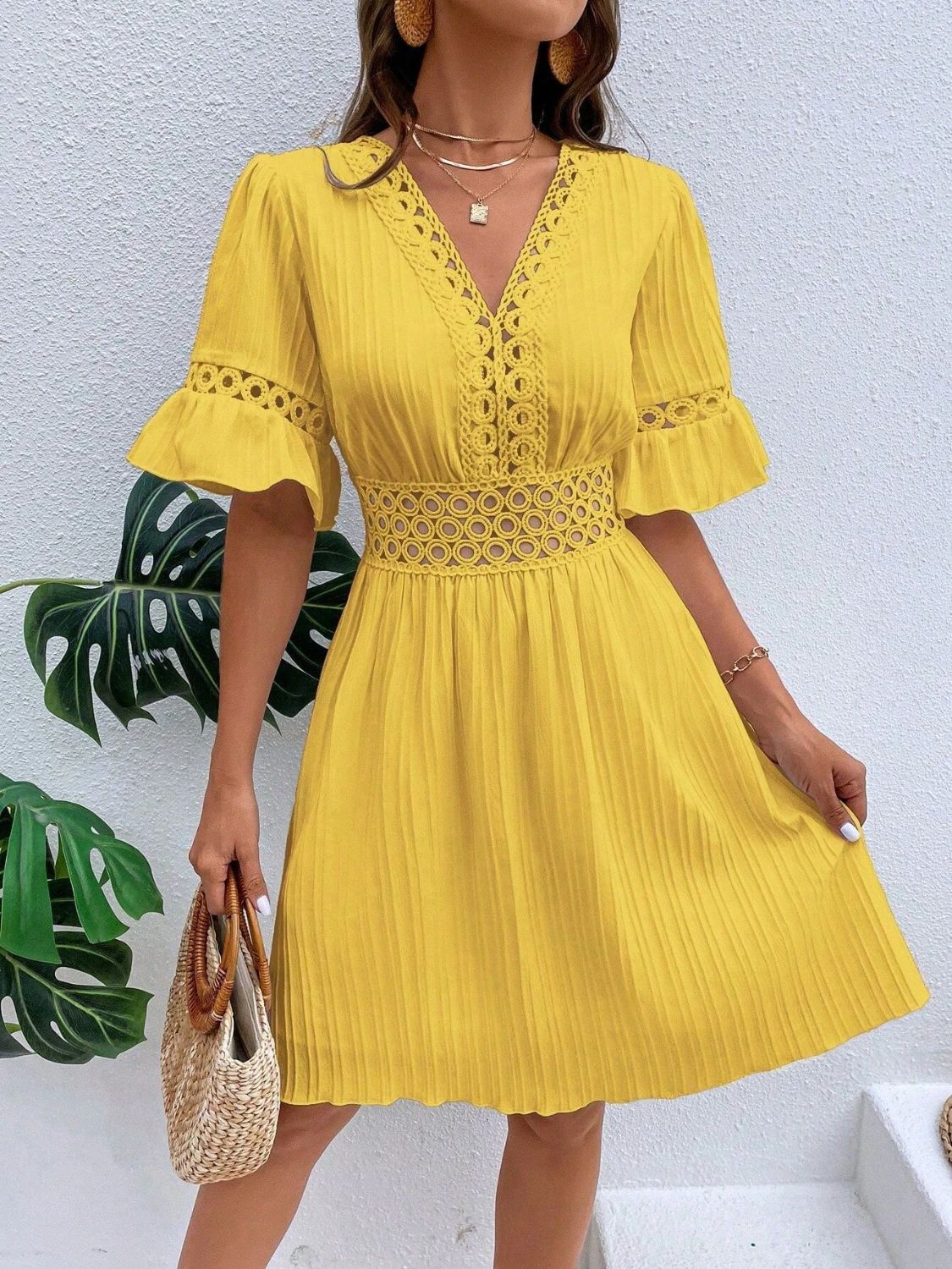 PREORDER- Cutout V-Neck Flounce Sleeve Mini Dress