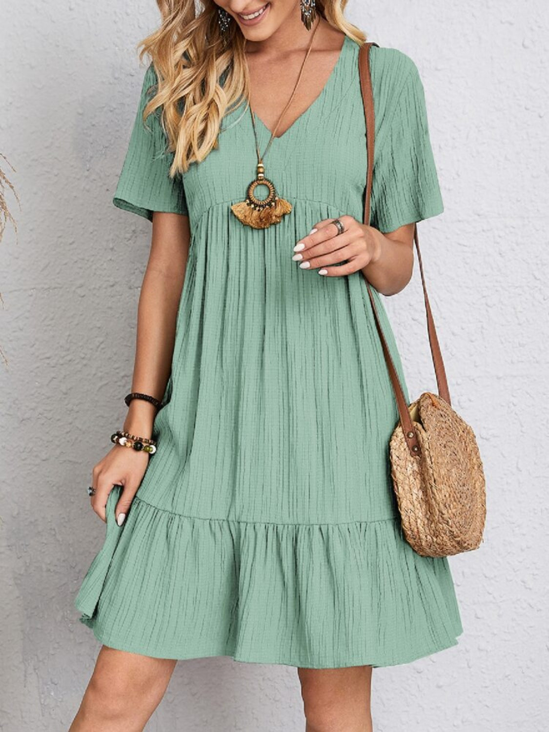 PREORDER- Full Size V-Neck Short Sleeve Dress