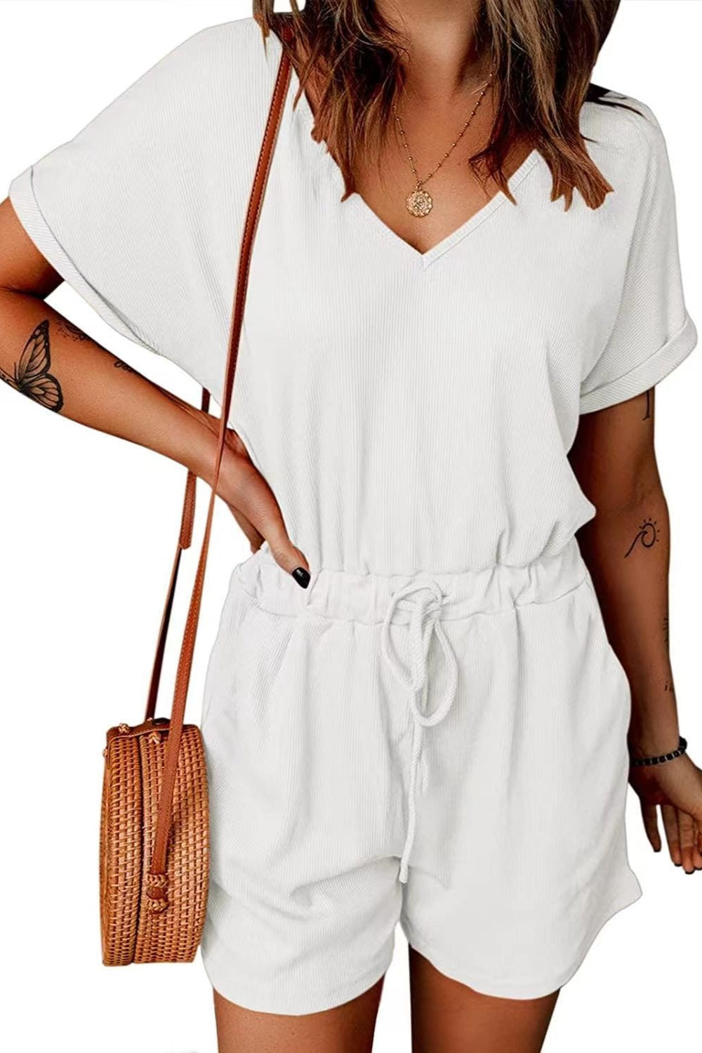 PREORDER- Full Size Drawstring V-Neck Short Sleeve Romper