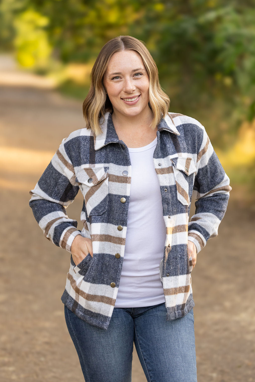 Michelle Mae Norah Plaid Shacket - Navy and Tan