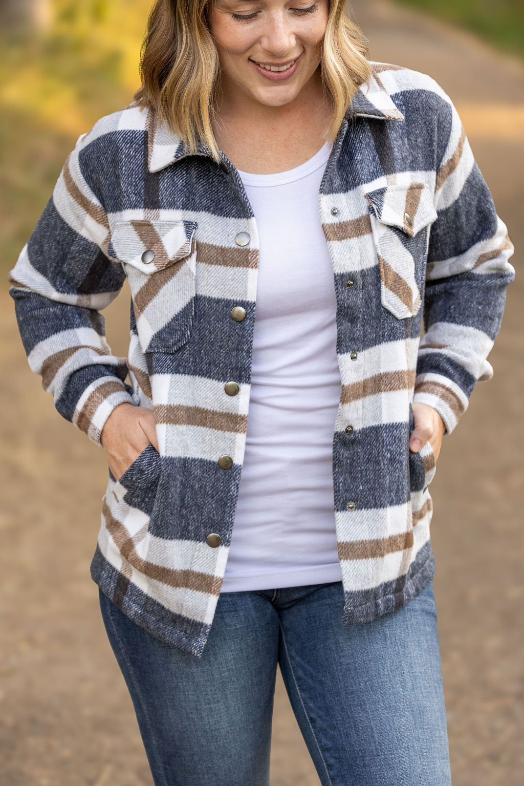 Michelle Mae Norah Plaid Shacket - Navy and Tan