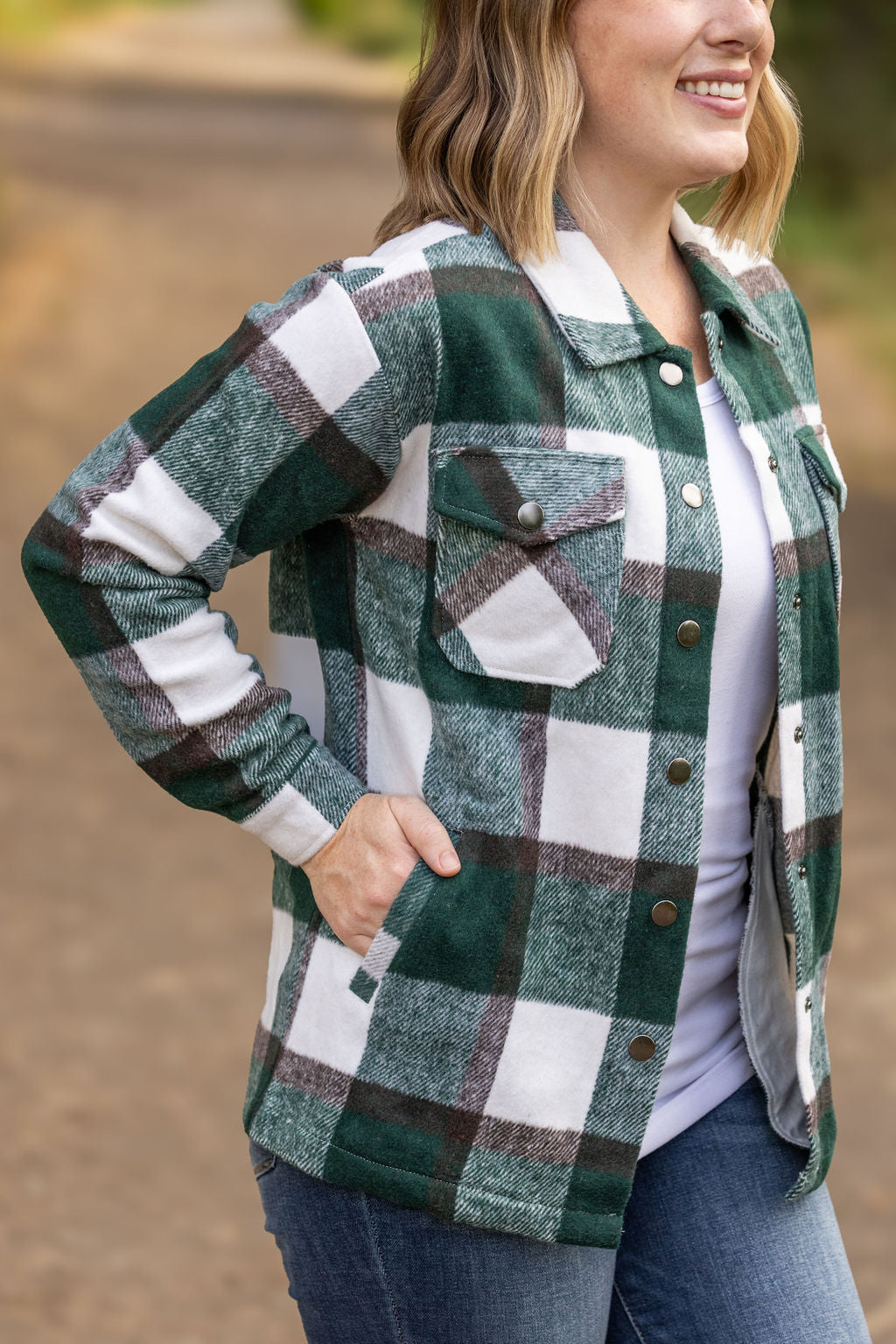 Michelle Mae Norah Plaid Shacket - Evergreen and White