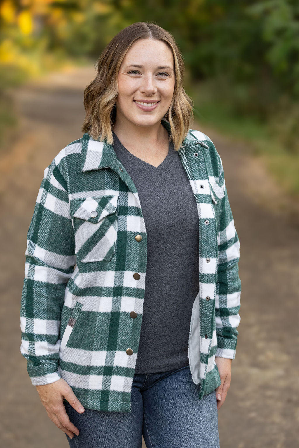 Michelle Mae Norah Plaid Shacket - Classic Green and Grey Mix