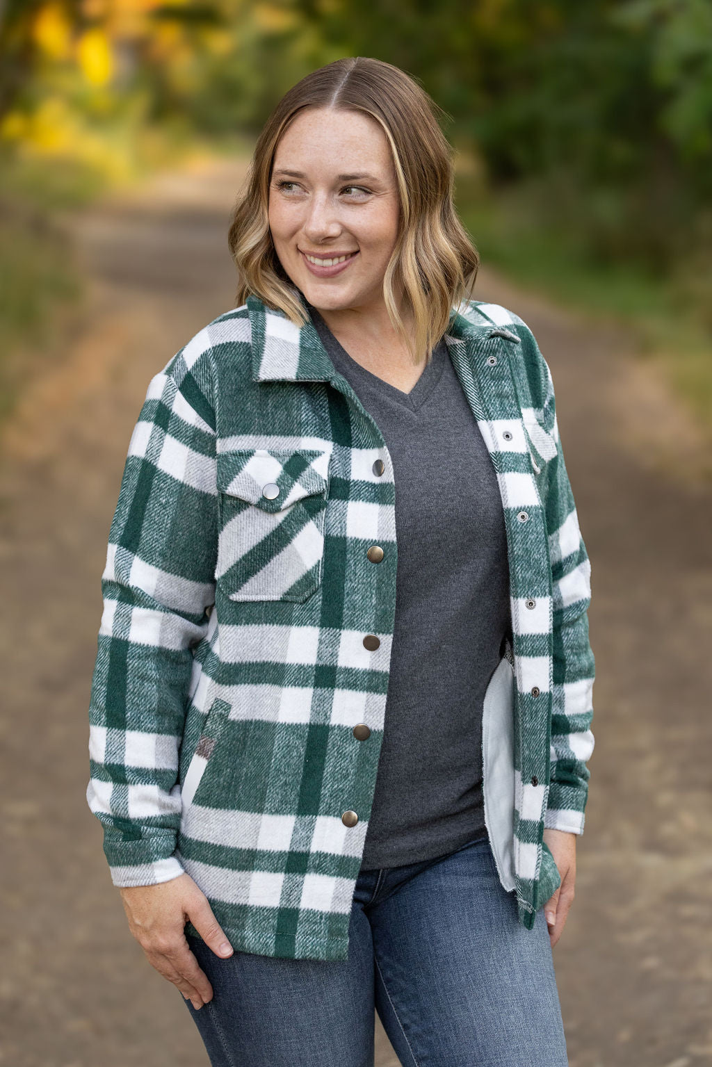 Michelle Mae Norah Plaid Shacket - Classic Green and Grey Mix